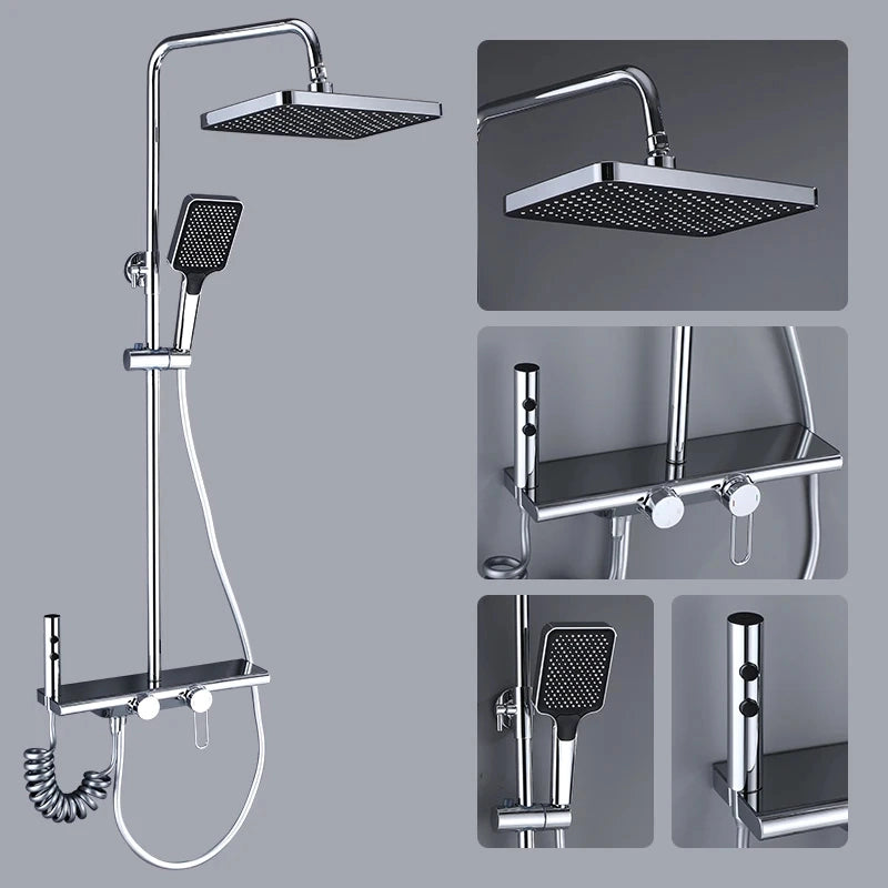 Colonne de douche 4 voies avec mitigeur thermostatique, 2 formes de tête, chrome AGUALE