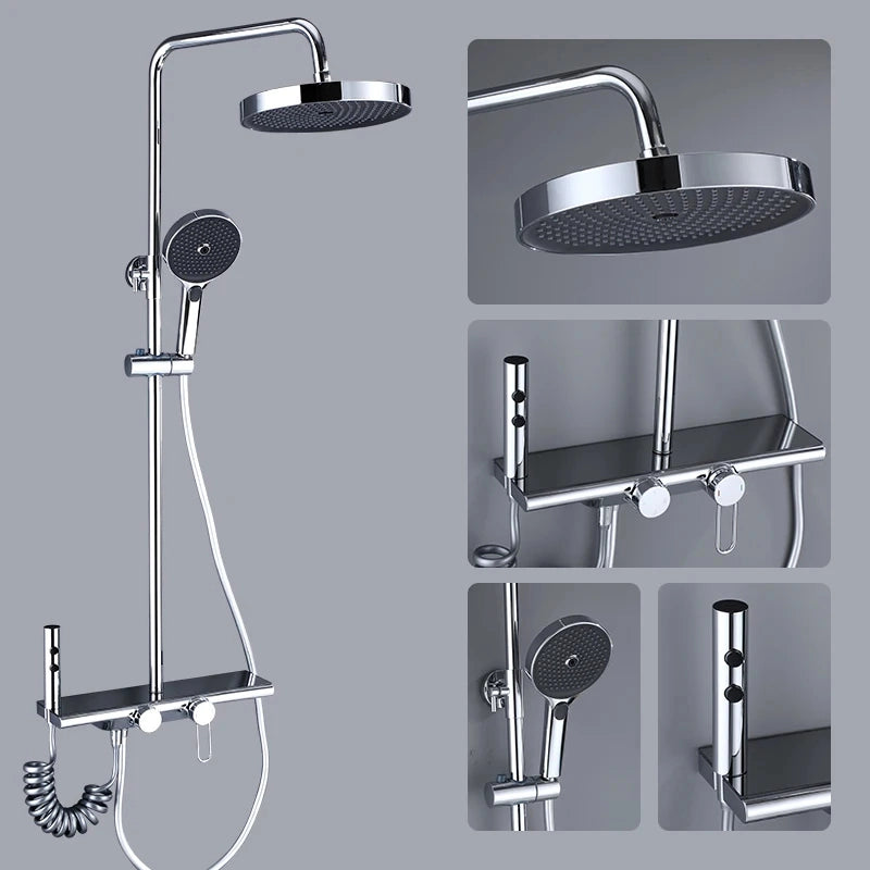 Colonne de douche 4 voies avec mitigeur thermostatique, 2 formes de tête, chrome AGUALE