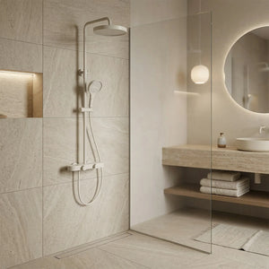 Colonne de douche ou bain douche, avec mitigeur thermostatique, 3 voies, blanc mat OVALIS