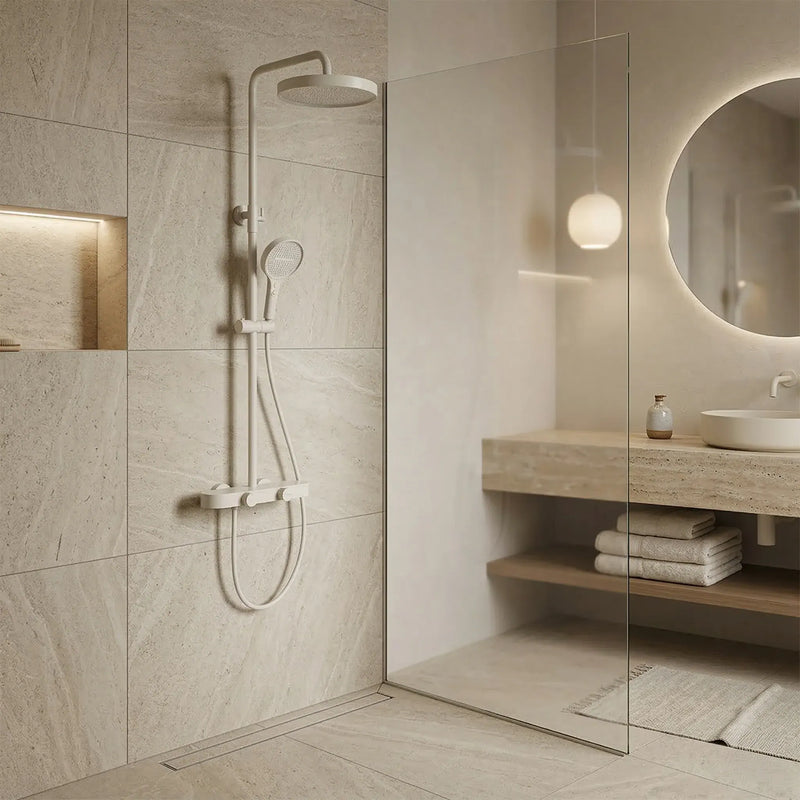 Colonne de douche ou bain douche, avec mitigeur thermostatique, 3 voies, blanc mat OVALIS