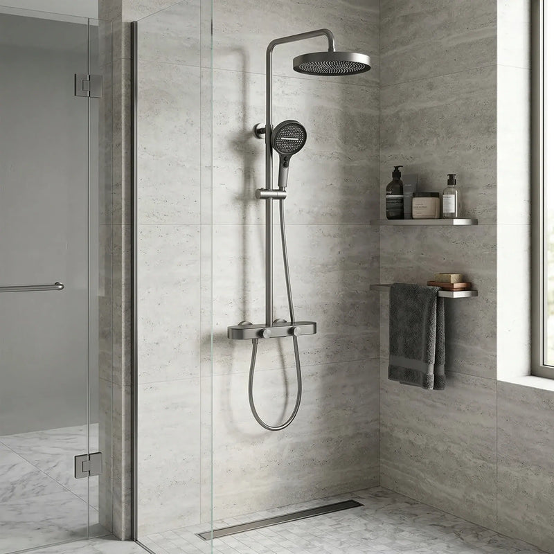 Colonne de douche ou bain douche, avec mitigeur thermostatique, 3 voies, gris foncé OVALIS