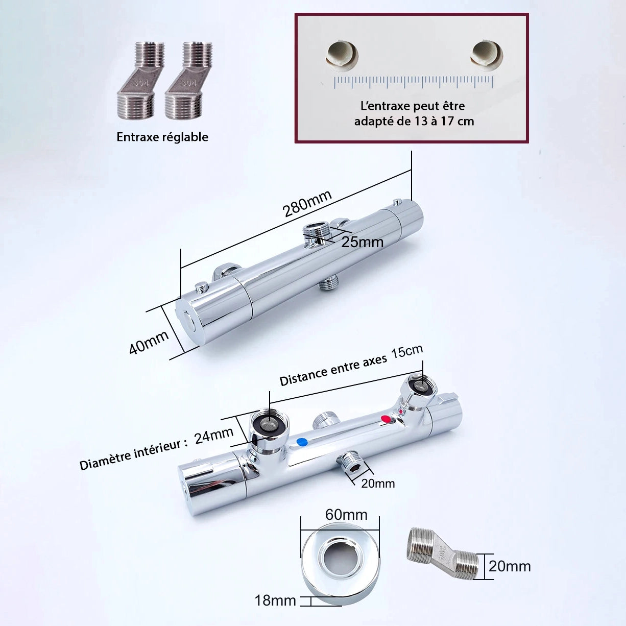 Colonne de douche ronde avec mitigeur mécanique, 2 voies, chrome SERENYS