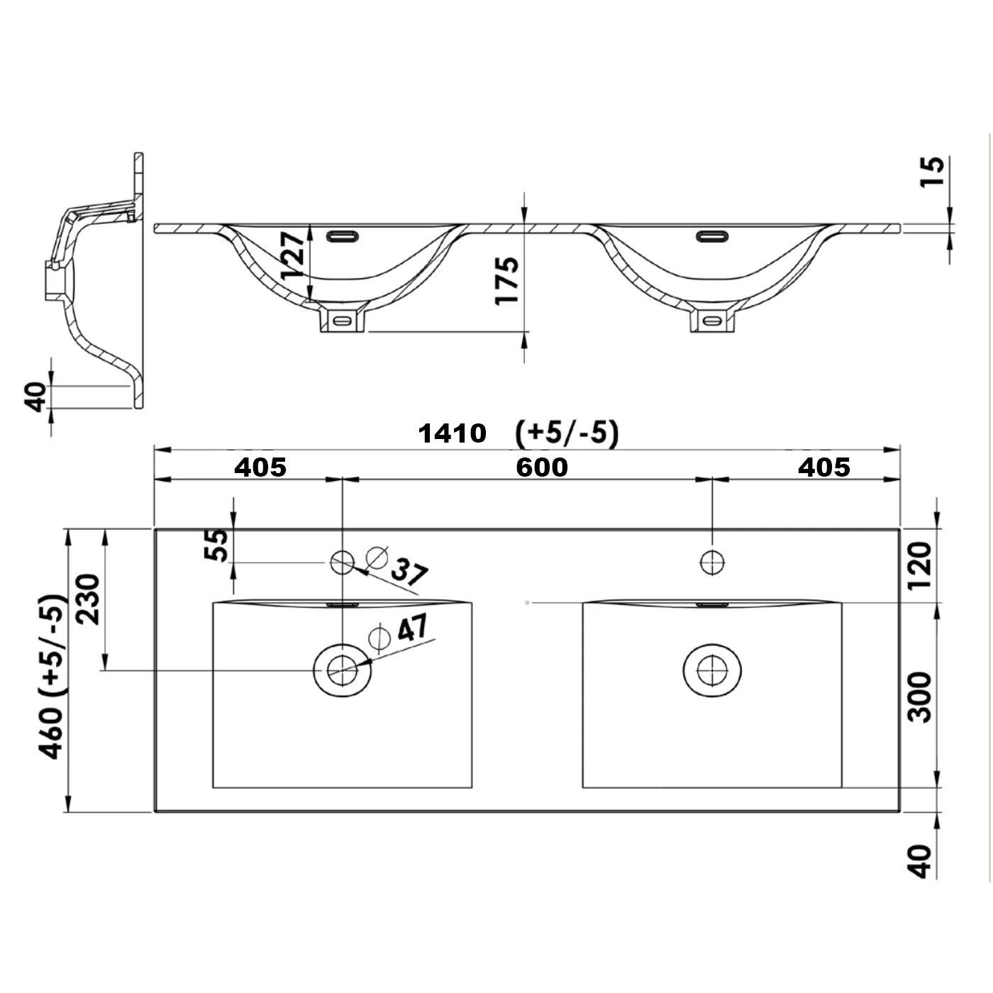 Plan double vasque salle de bain Céramique 140cm