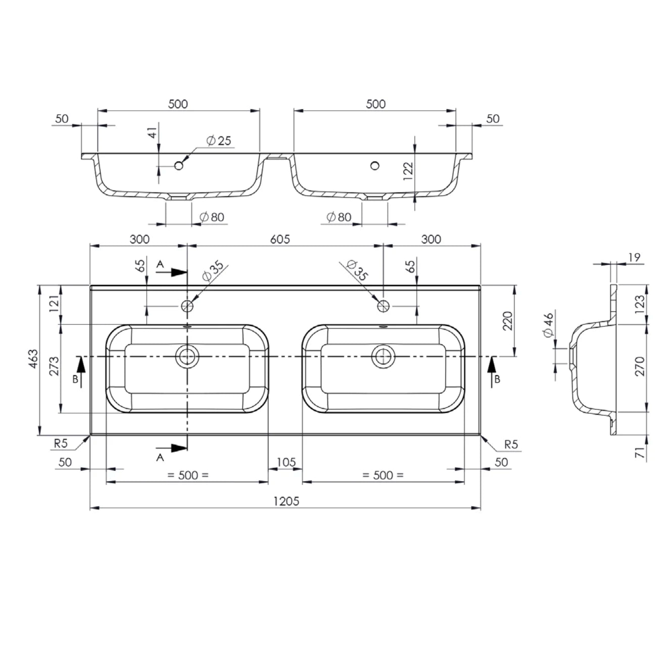 Plan double vasque, Marbre reconstitué 120cm blanc brillant