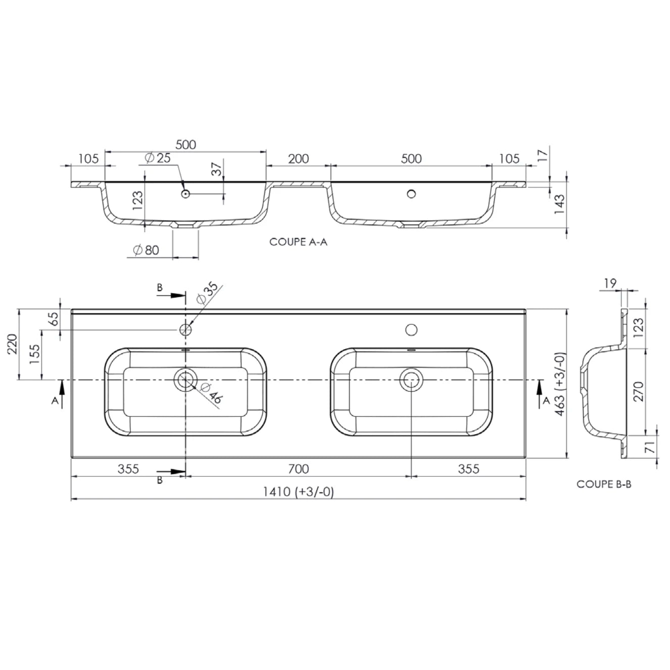 Plan double vasque, Marbre reconstitué 140cm blanc brillant