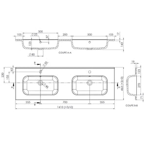 Plan double vasque, Marbre reconstitué 140cm blanc brillant
