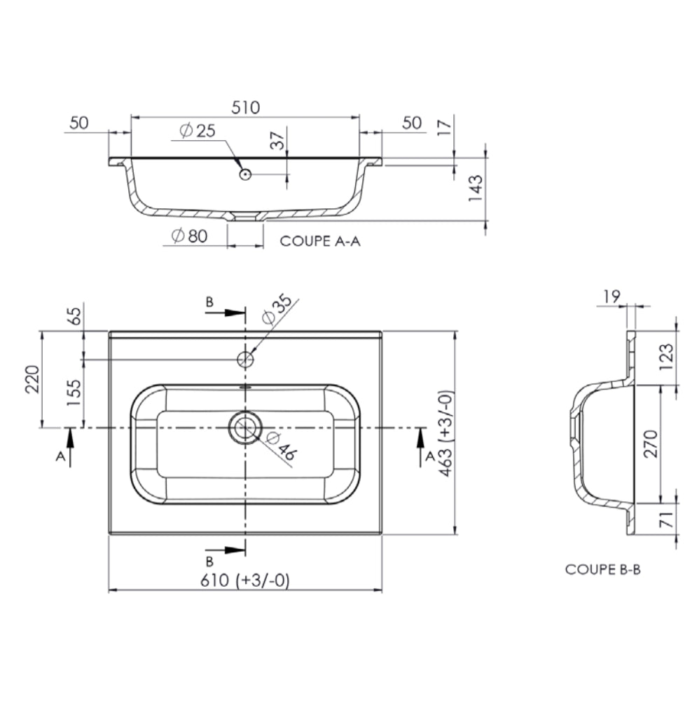 Plan vasque salle de bain Marbre reconstitué 60cm blanc brillant
