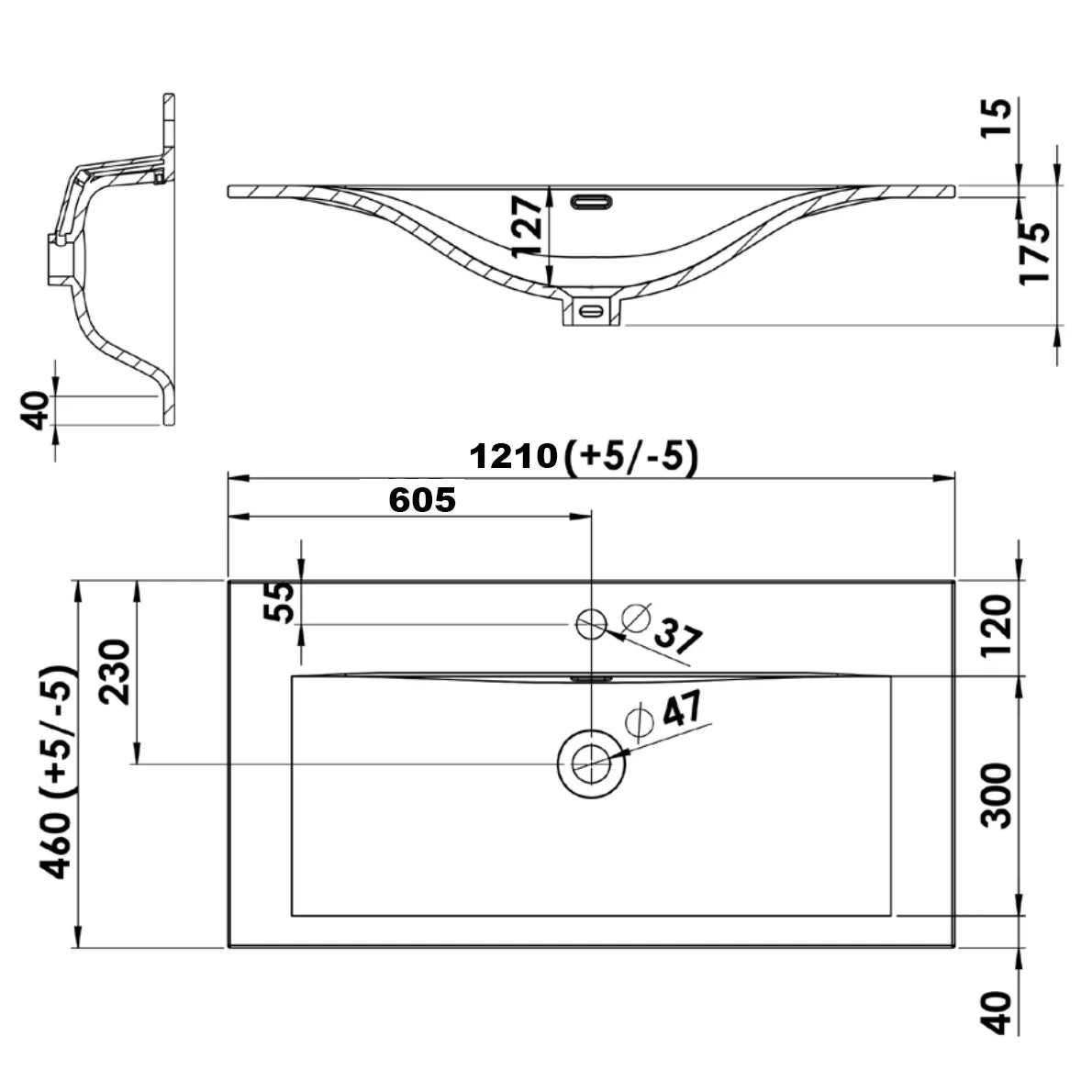 Plan simple vasque salle de bain Céramique centré 120cm