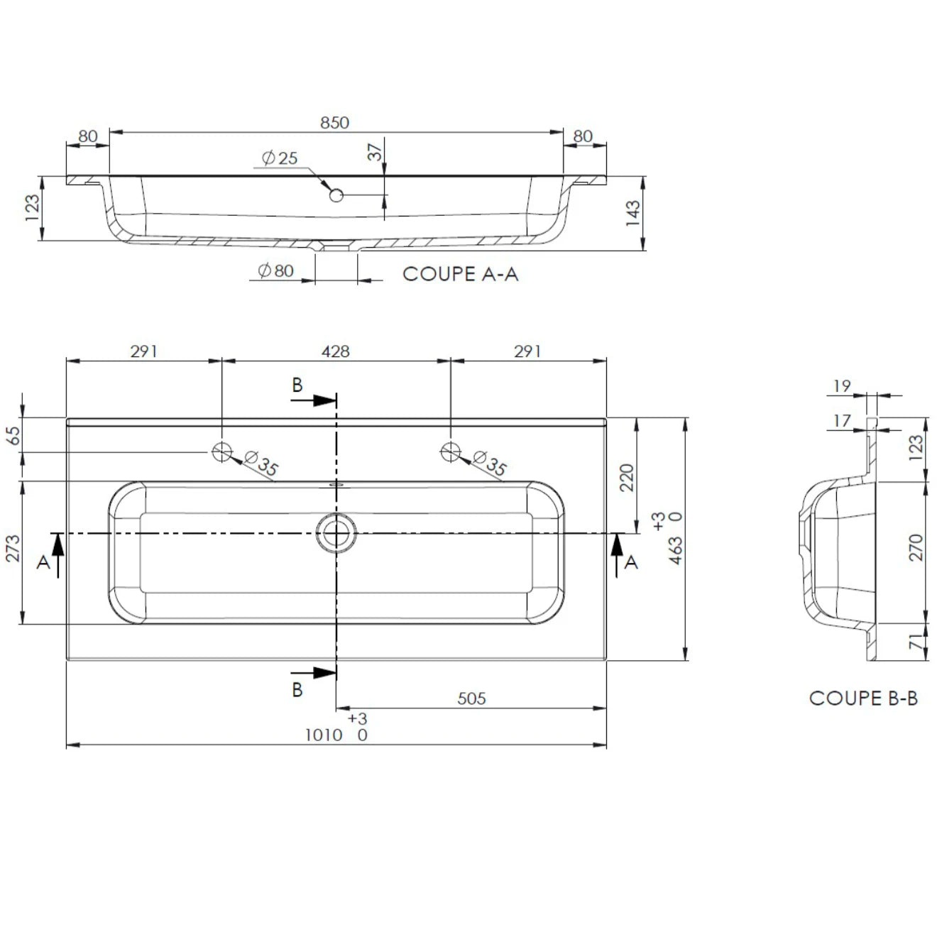 Plan vasque double perçage, Marbre reconstitué 100cm blanc brillant