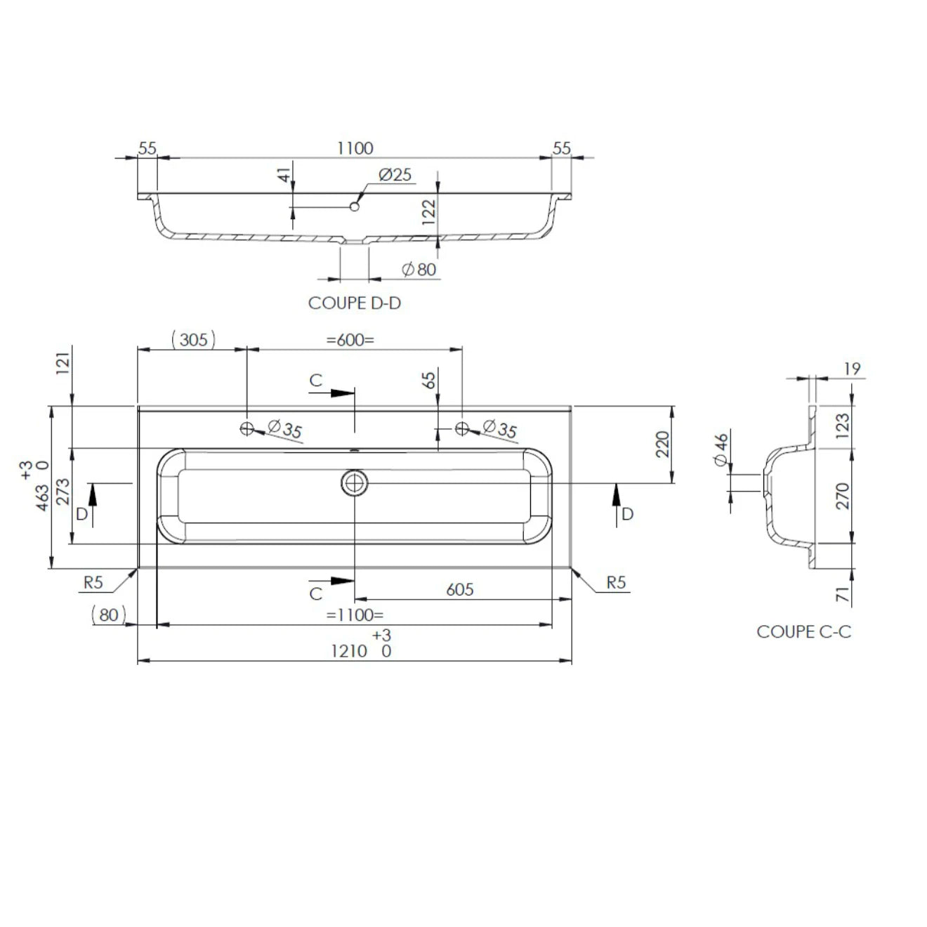 Plan vasque double perçage, Marbre reconstitué 120cm blanc brillant