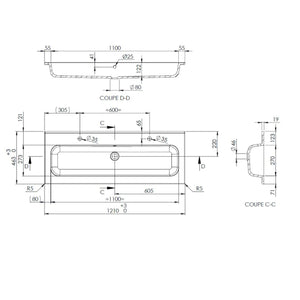 Plan vasque double perçage, Marbre reconstitué 120cm blanc brillant