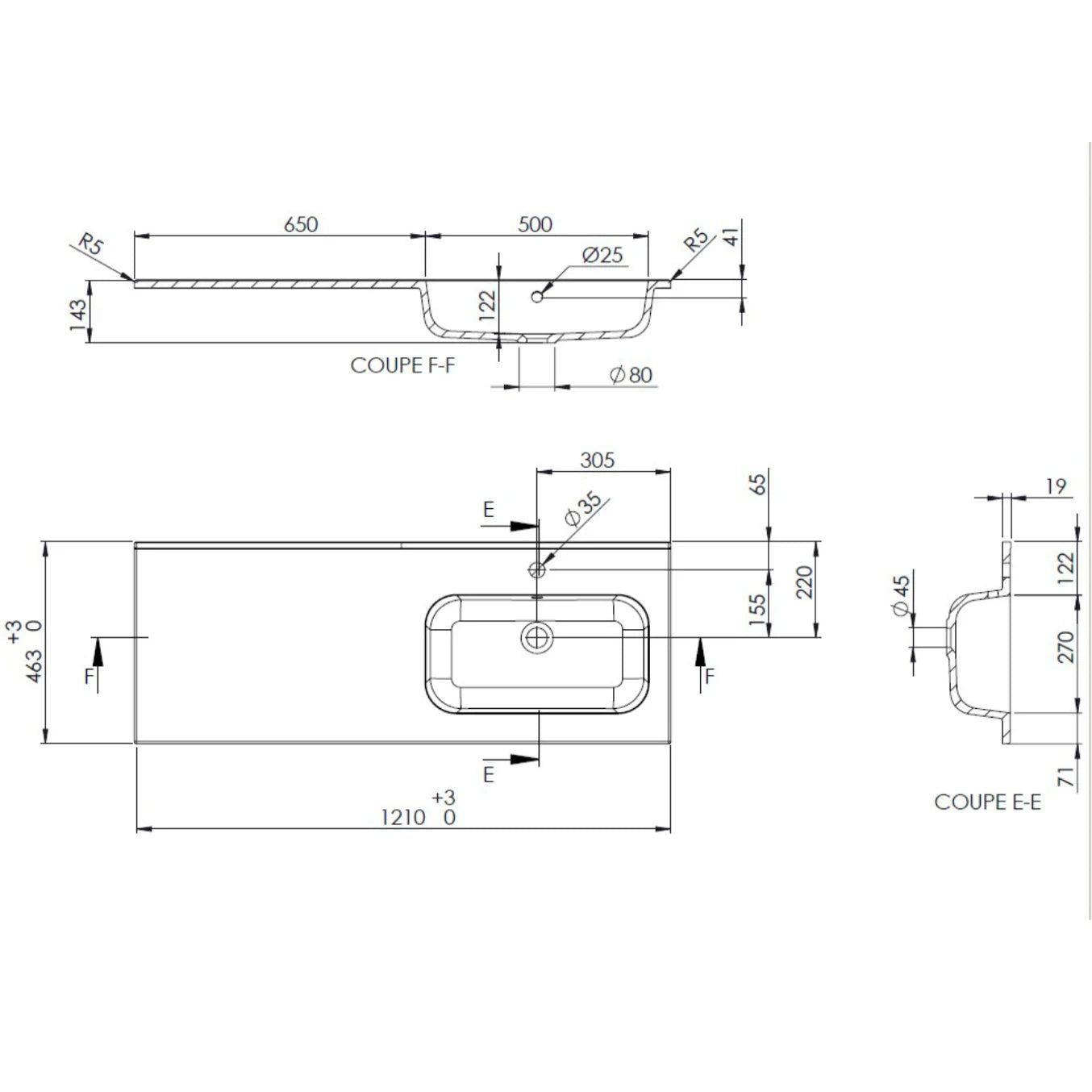 Plan vasque droite, Marbre reconstitué 120cm blanc brillant