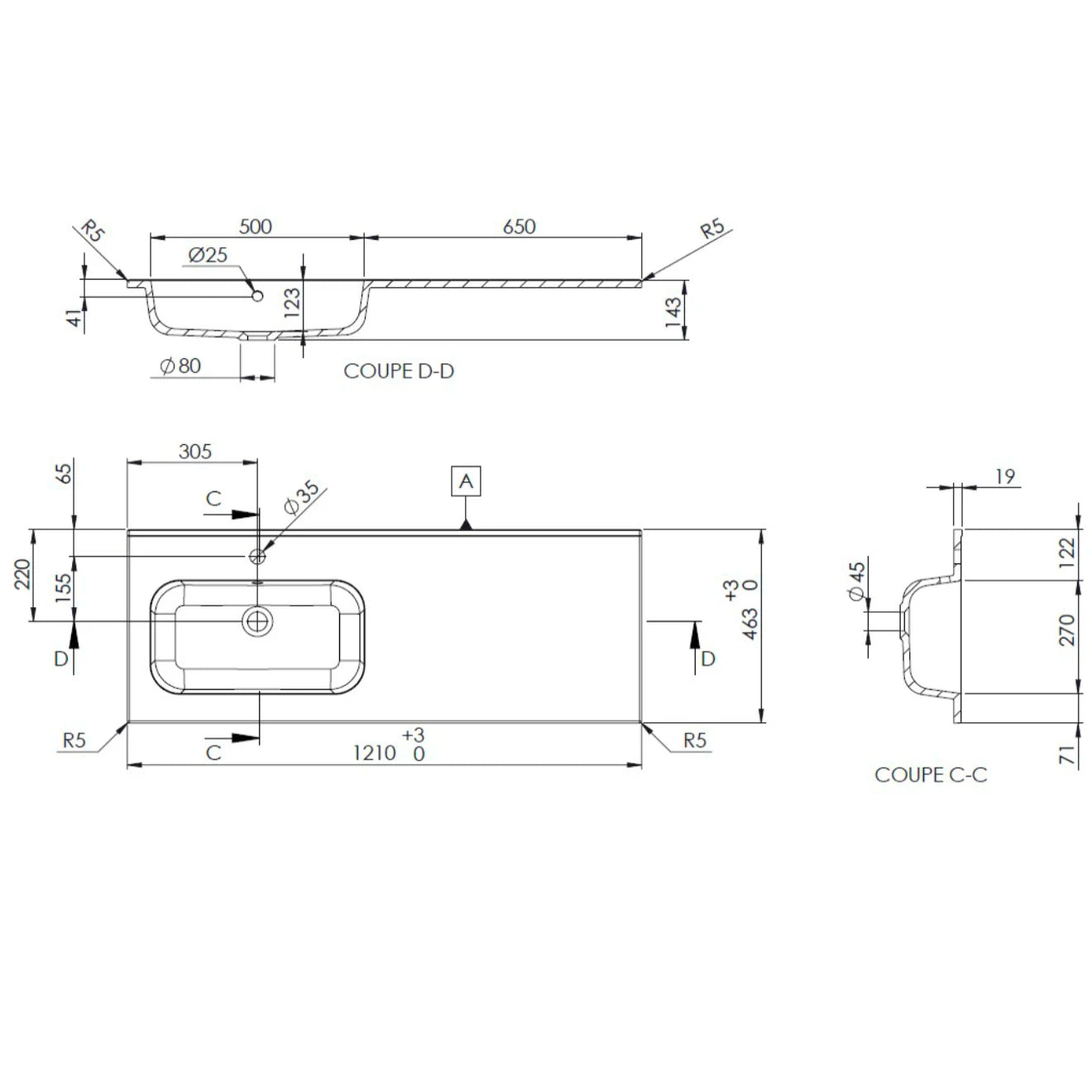 Plan vasque gauche, Marbre reconstitué 120cm blanc brillant