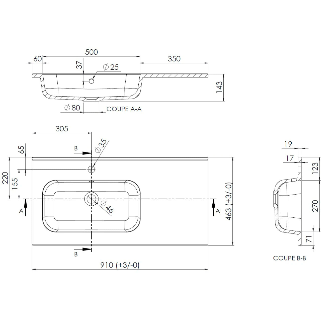 Plan vasque gauche salle de bain Marbre reconstitué 90cm blanc brillant
