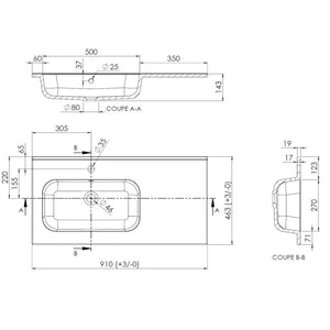 Plan vasque gauche salle de bain Marbre reconstitué 90cm blanc brillant