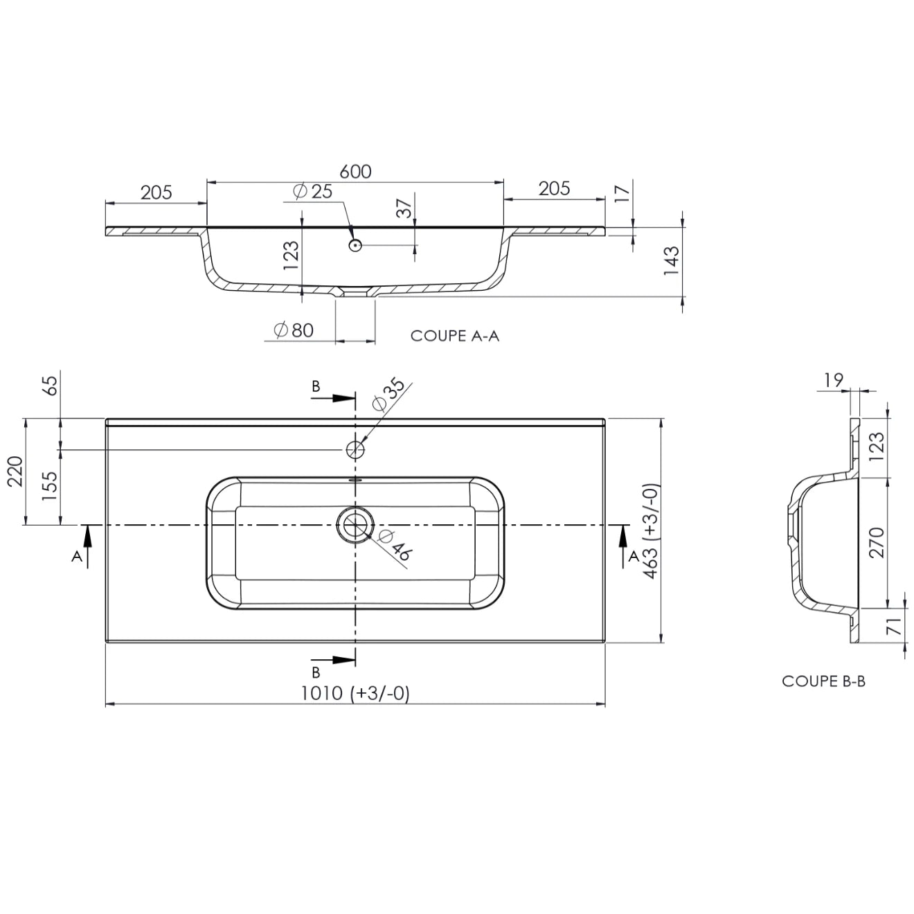 Plan vasque salle de bain Marbre reconstitué 100cm blanc brillant