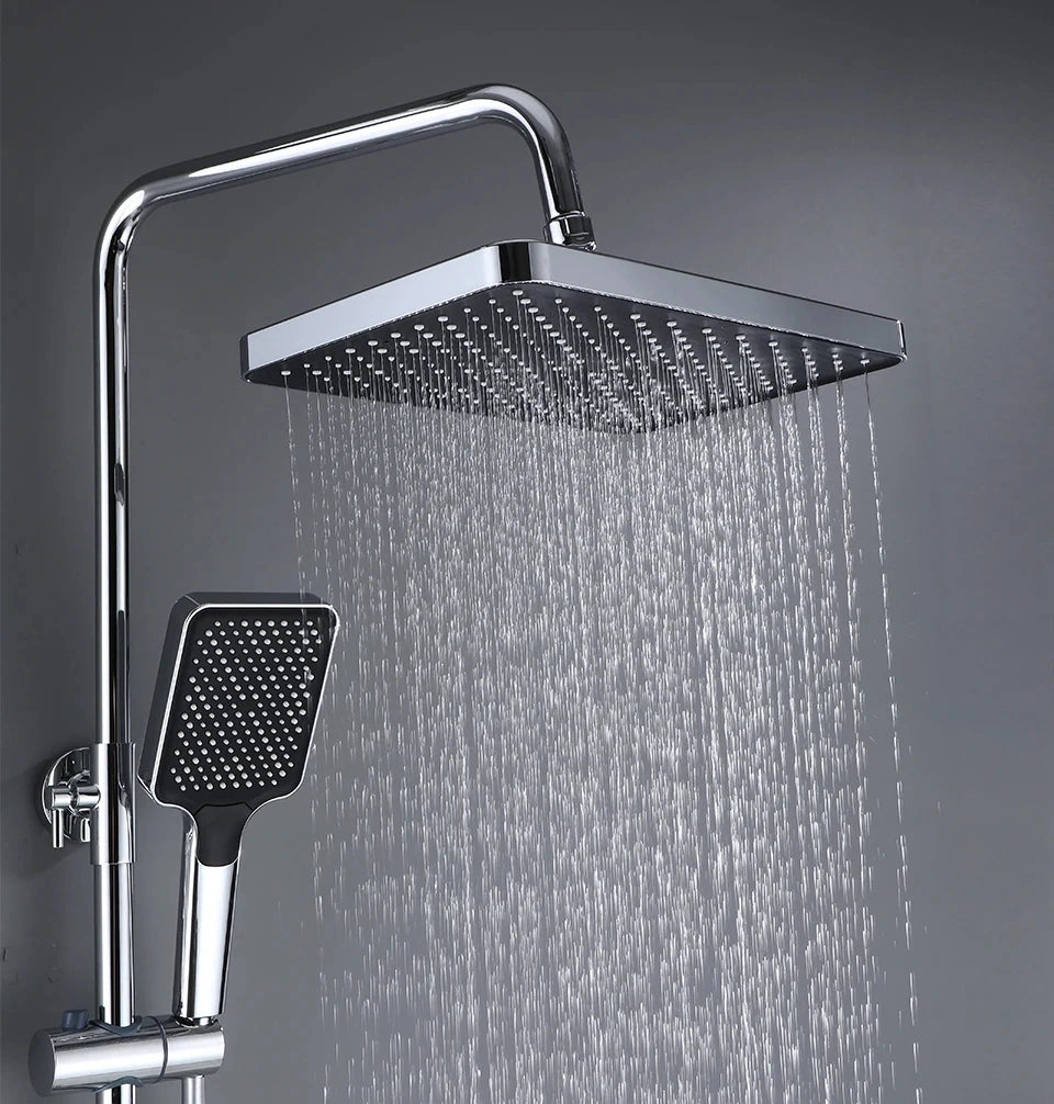 Colonne de douche 4 voies avec mitigeur thermostatique, 2 formes de tête, chrome AGUALE