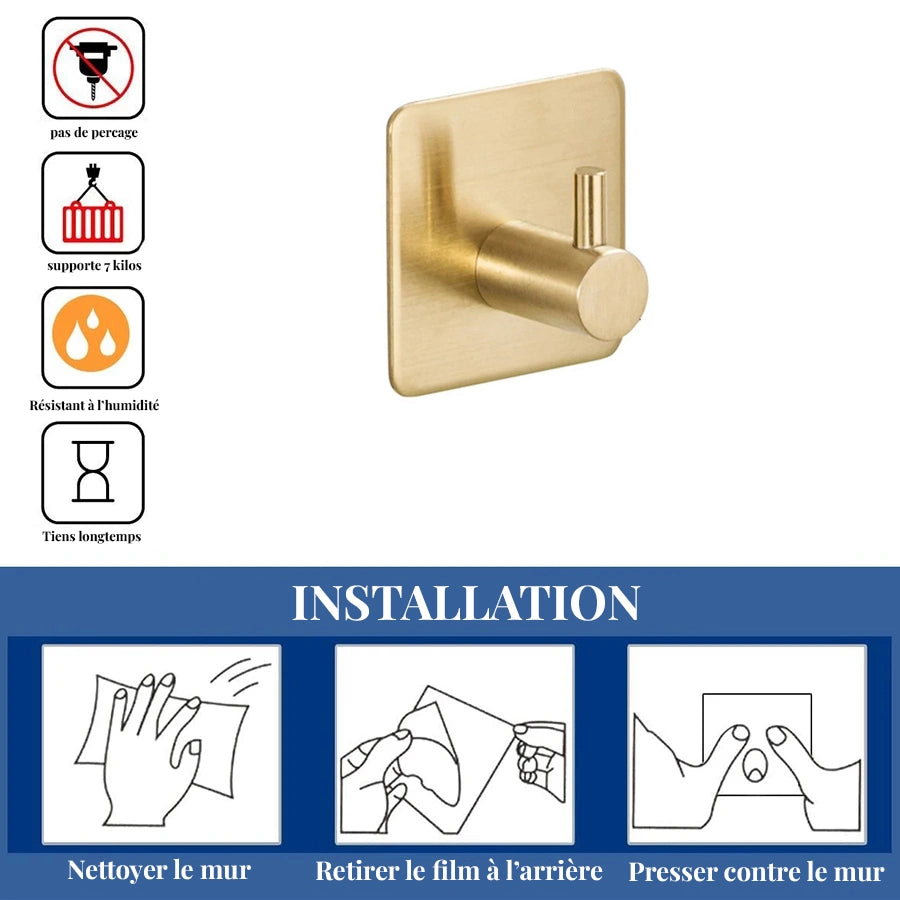 Crochet patère murale adhésif or brossé SIMPLO
