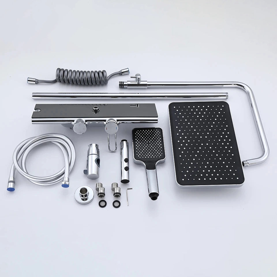 Colonne de douche 4 voies avec mitigeur thermostatique, 2 formes de tête, chrome AGUALE