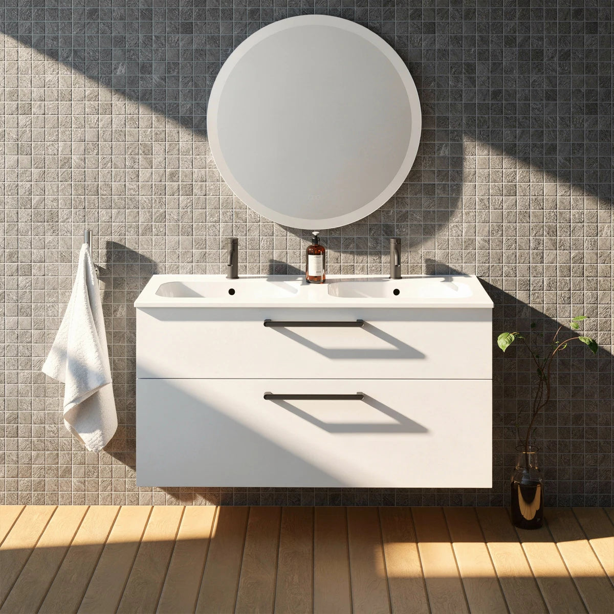 Meuble double vasque salle de bain 120cm, Blanc brillant, ZENO