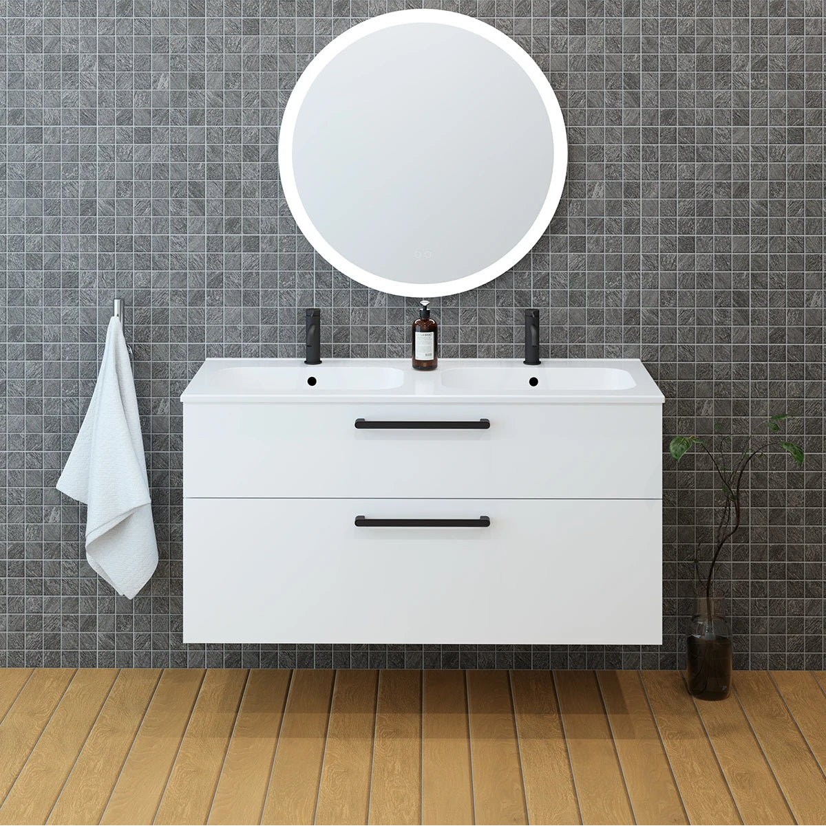 Meuble double vasque salle de bain 120cm, Blanc brillant, ZENO