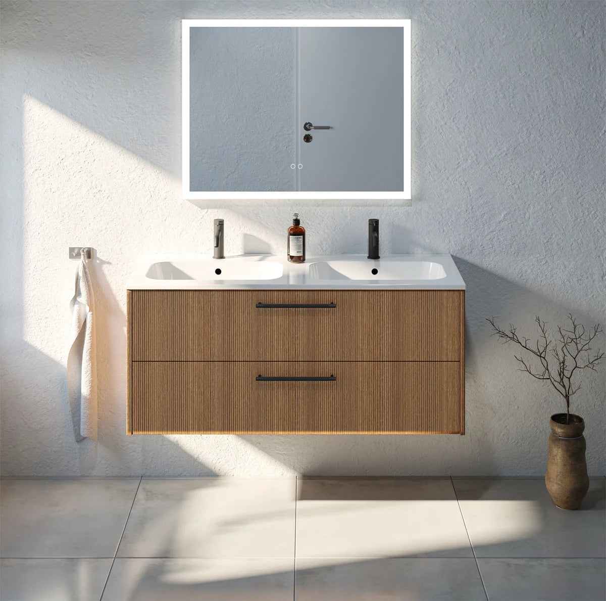 Meuble de salle de bain strié, 120 cm, Chêne noisette, SILLAGE