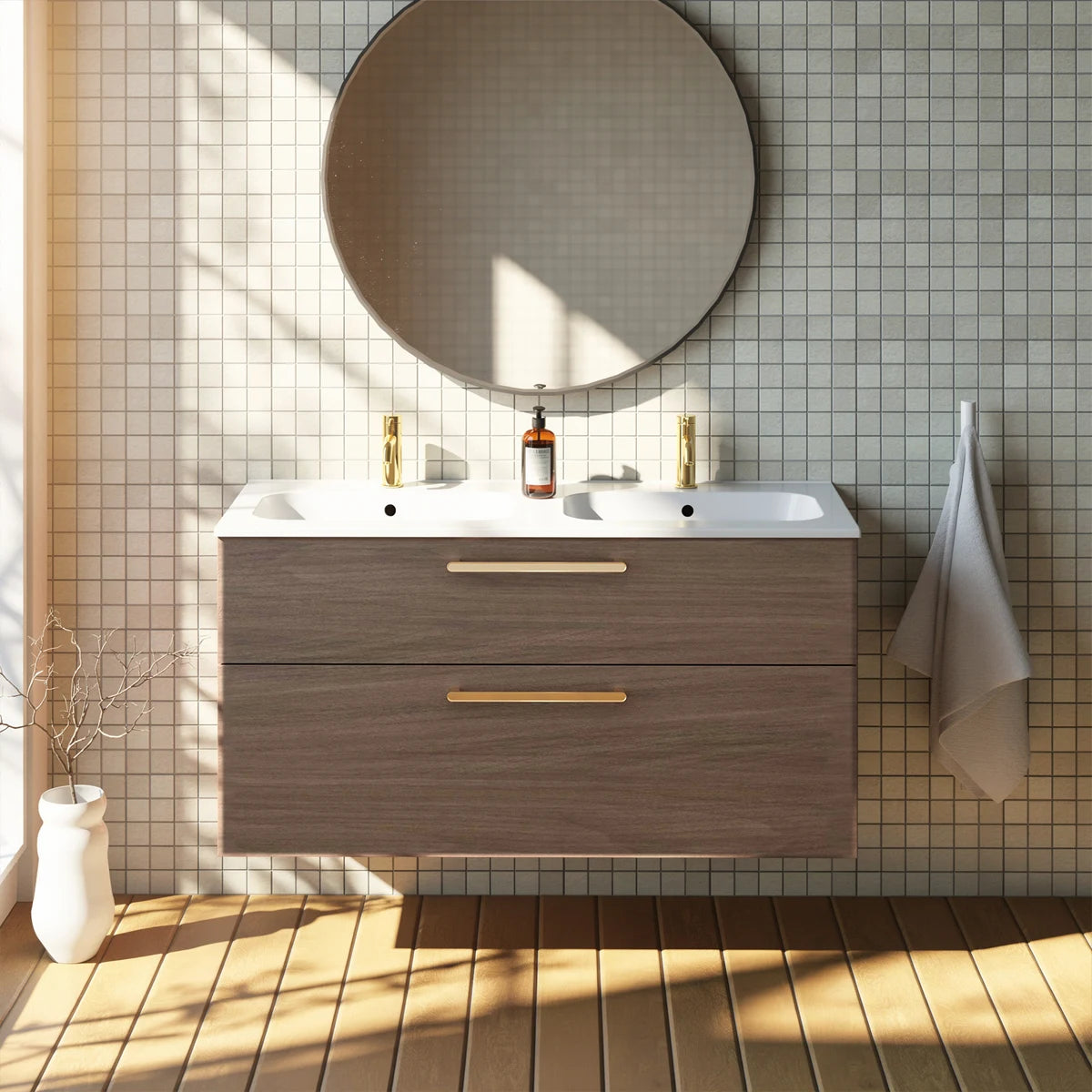Meuble double vasque salle de bain 120cm, Noyer tabac, ZENO
