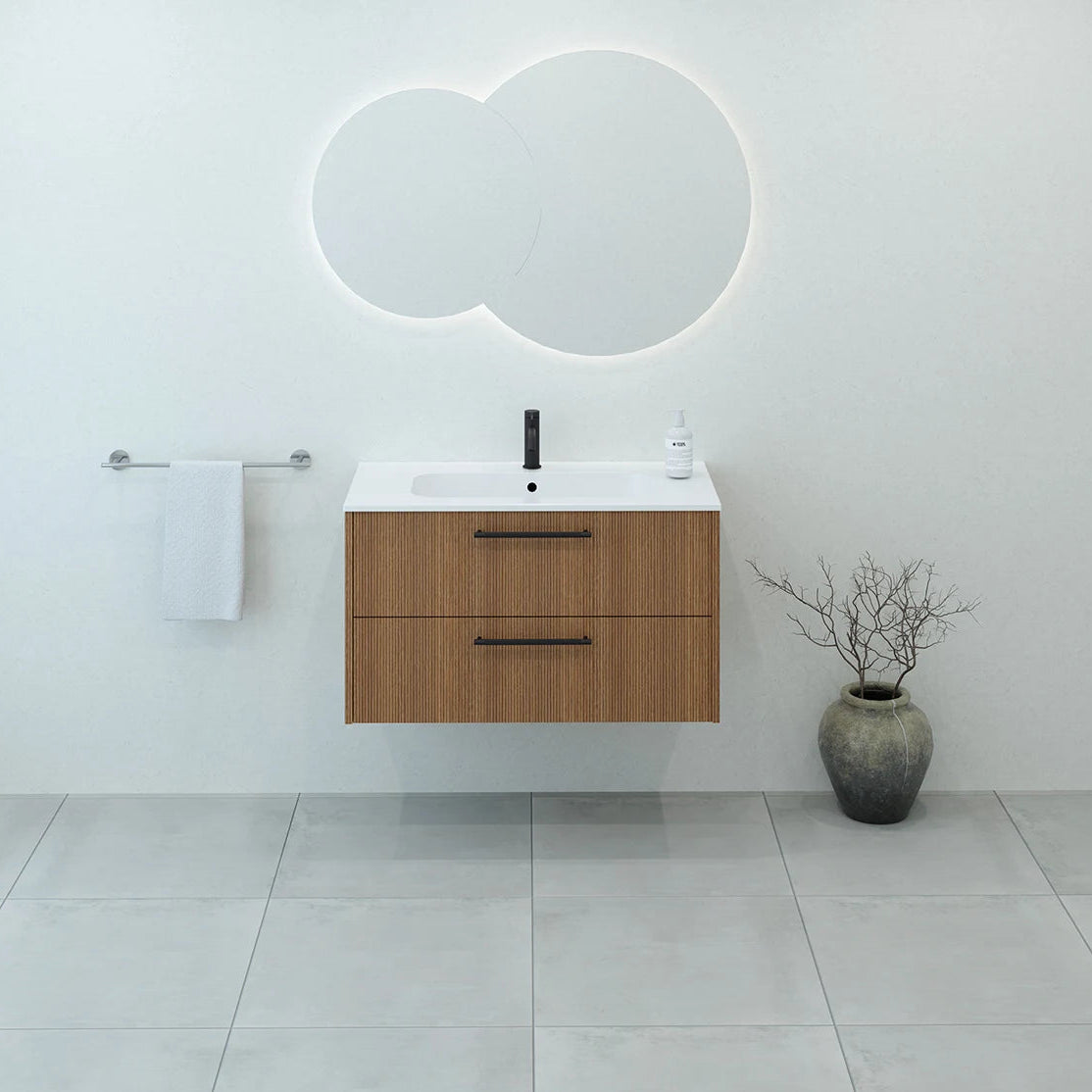 Meuble de salle de bain strié, 90 cm, Chêne noisette, SILLAGE