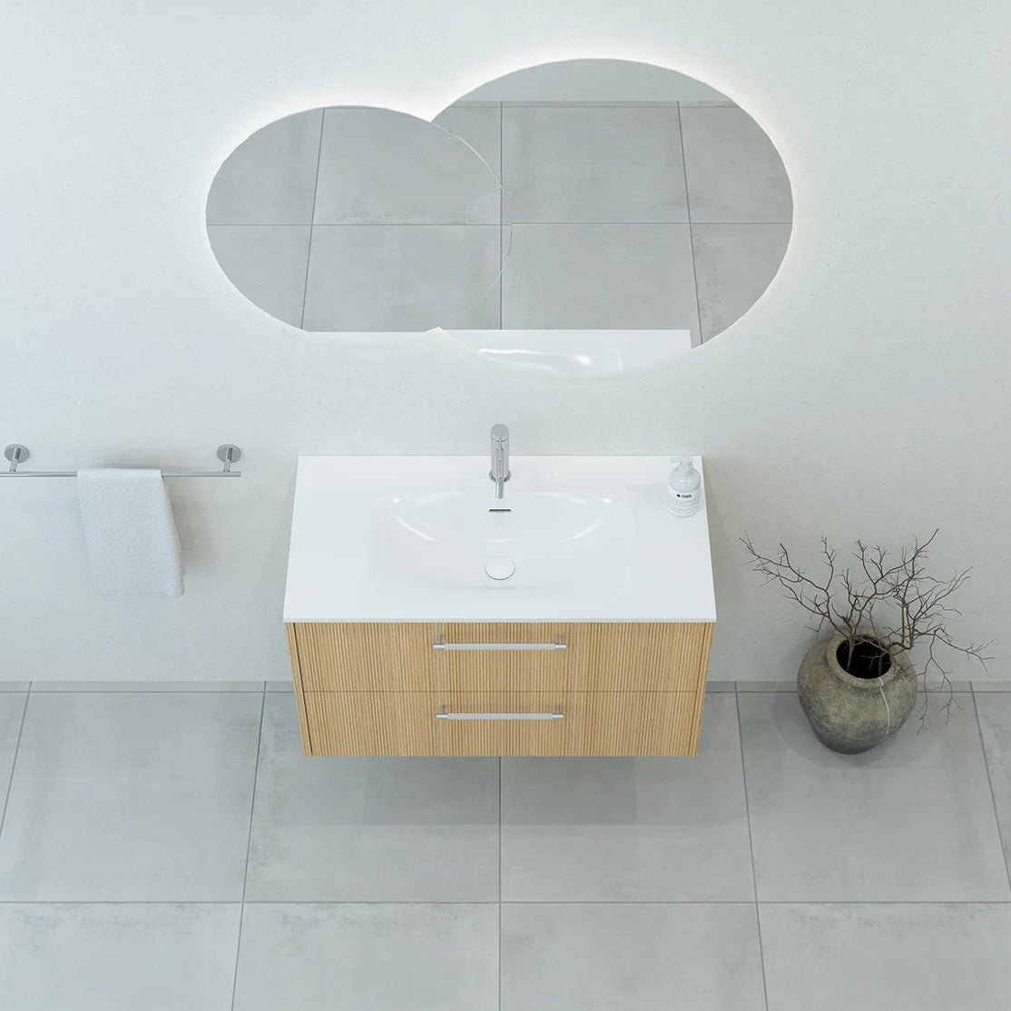 Meuble de salle de bain strié, 90 cm, Chêne doré, SILLAGE