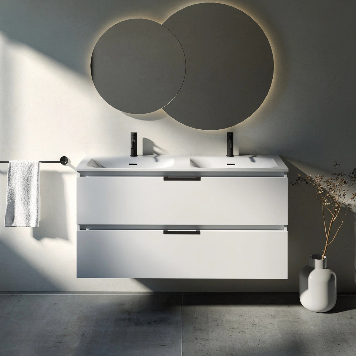 Meuble double vasque salle de bain 120cm, Blanc Brillant, TEMPO