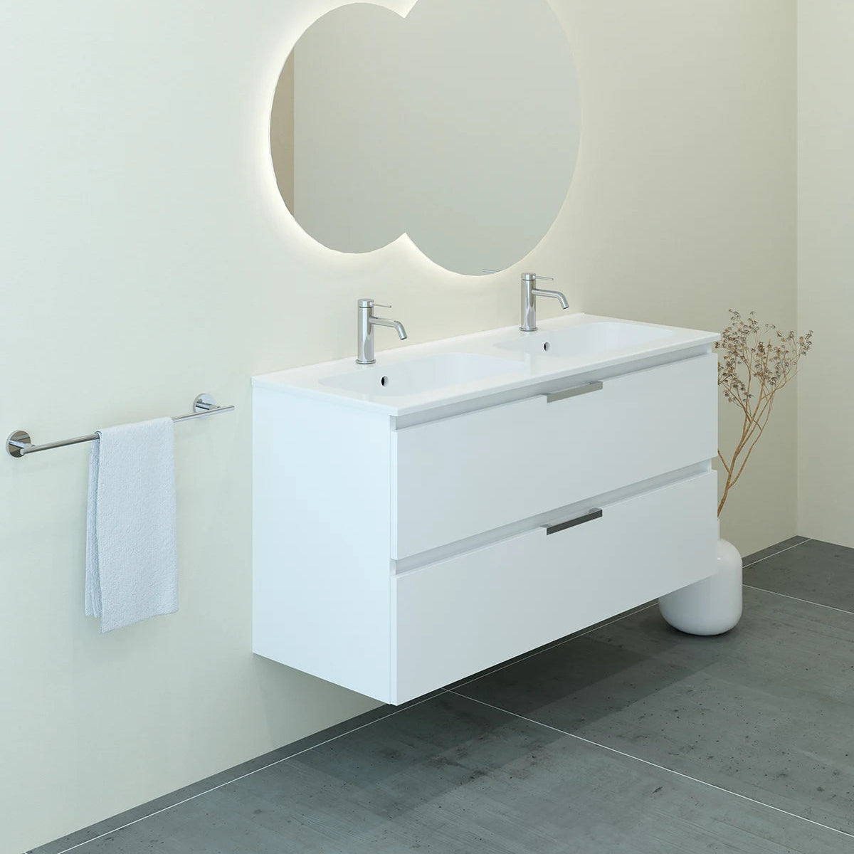 Meuble double vasque salle de bain 120cm, Blanc Brillant, TEMPO