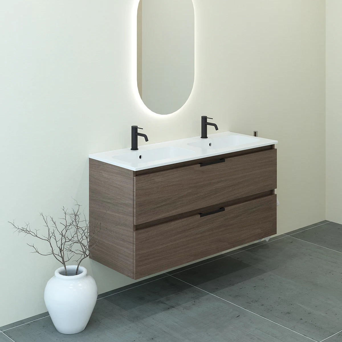 Meuble double vasque salle de bain 120cm, Noyer tabac, TEMPO