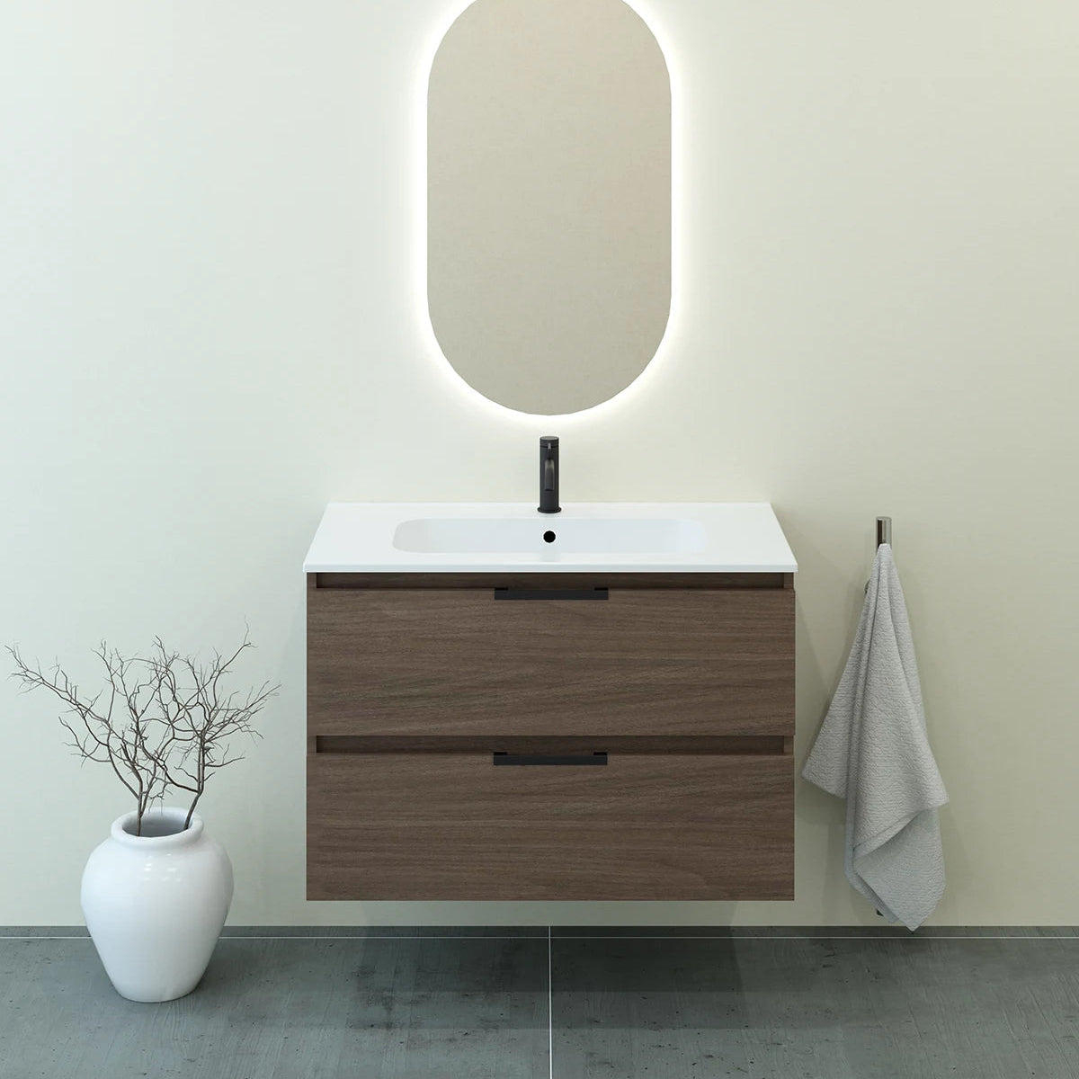 Meuble vasque salle de bain 90cm, Noyer tabac, TEMPO