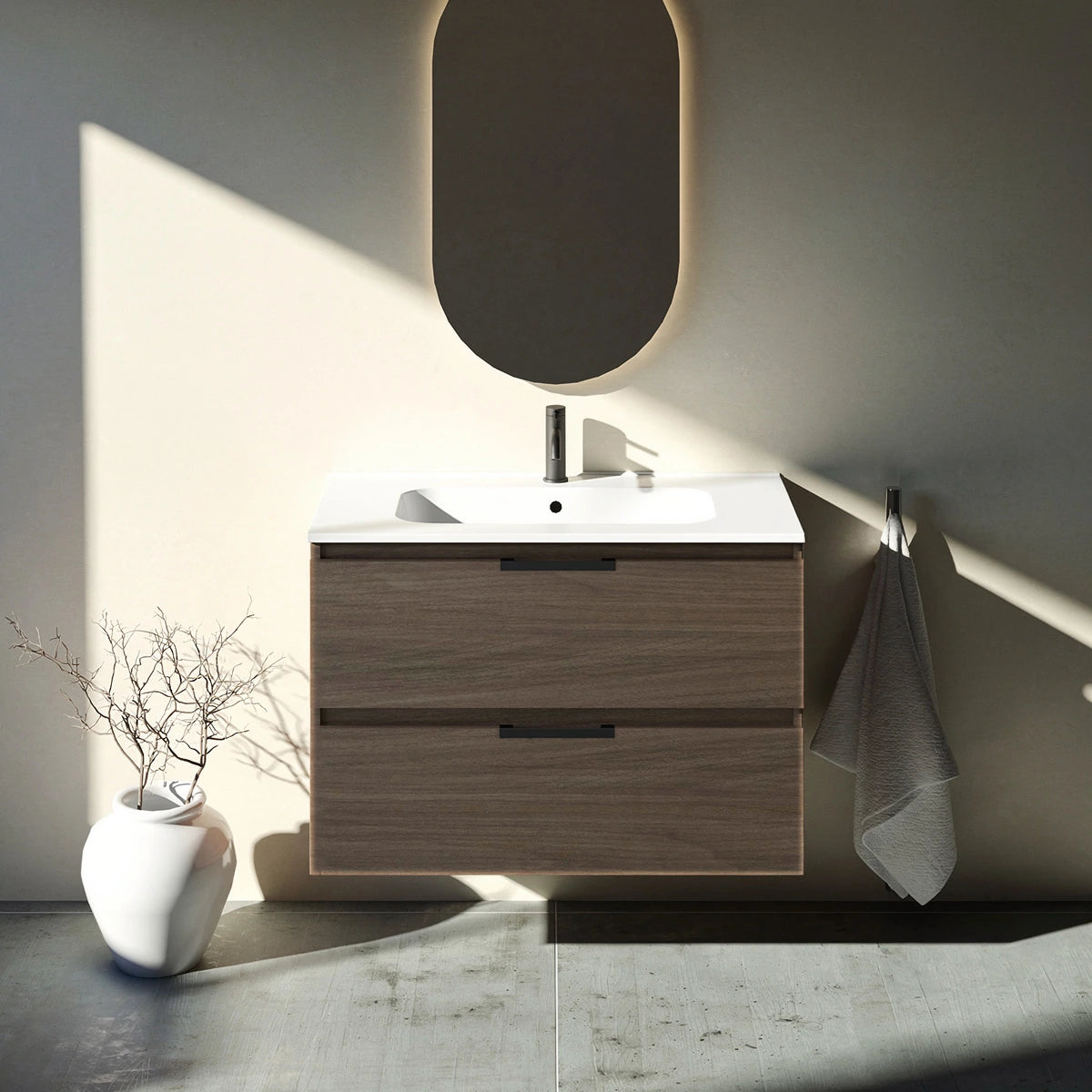 Meuble vasque salle de bain 90cm, Noyer tabac, TEMPO