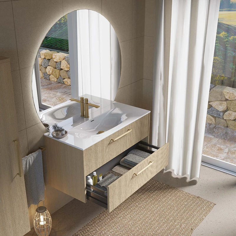 Meuble de salle de bain strié, 90 cm, Chêne doré, SILLAGE