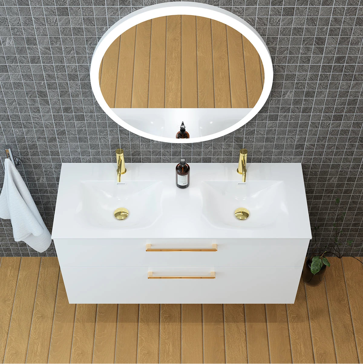 Meuble double vasque salle de bain 120cm, Blanc brillant, ZENO