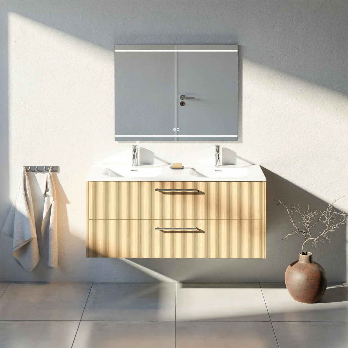 Meuble de salle de bain strié, 120 cm, Chêne doré, SILLAGE