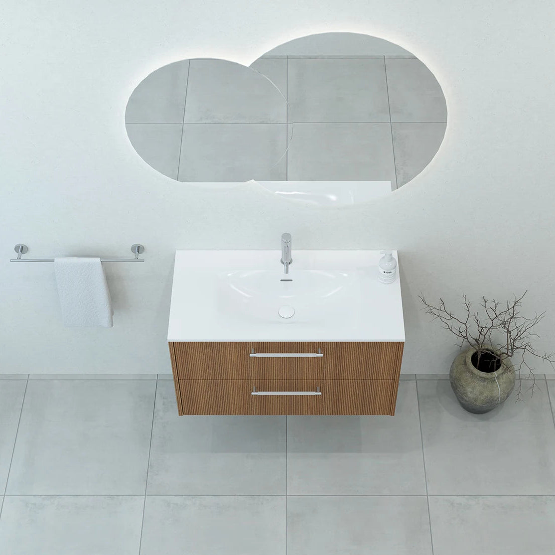 Meuble de salle de bain strié, 90 cm, Chêne noisette, SILLAGE