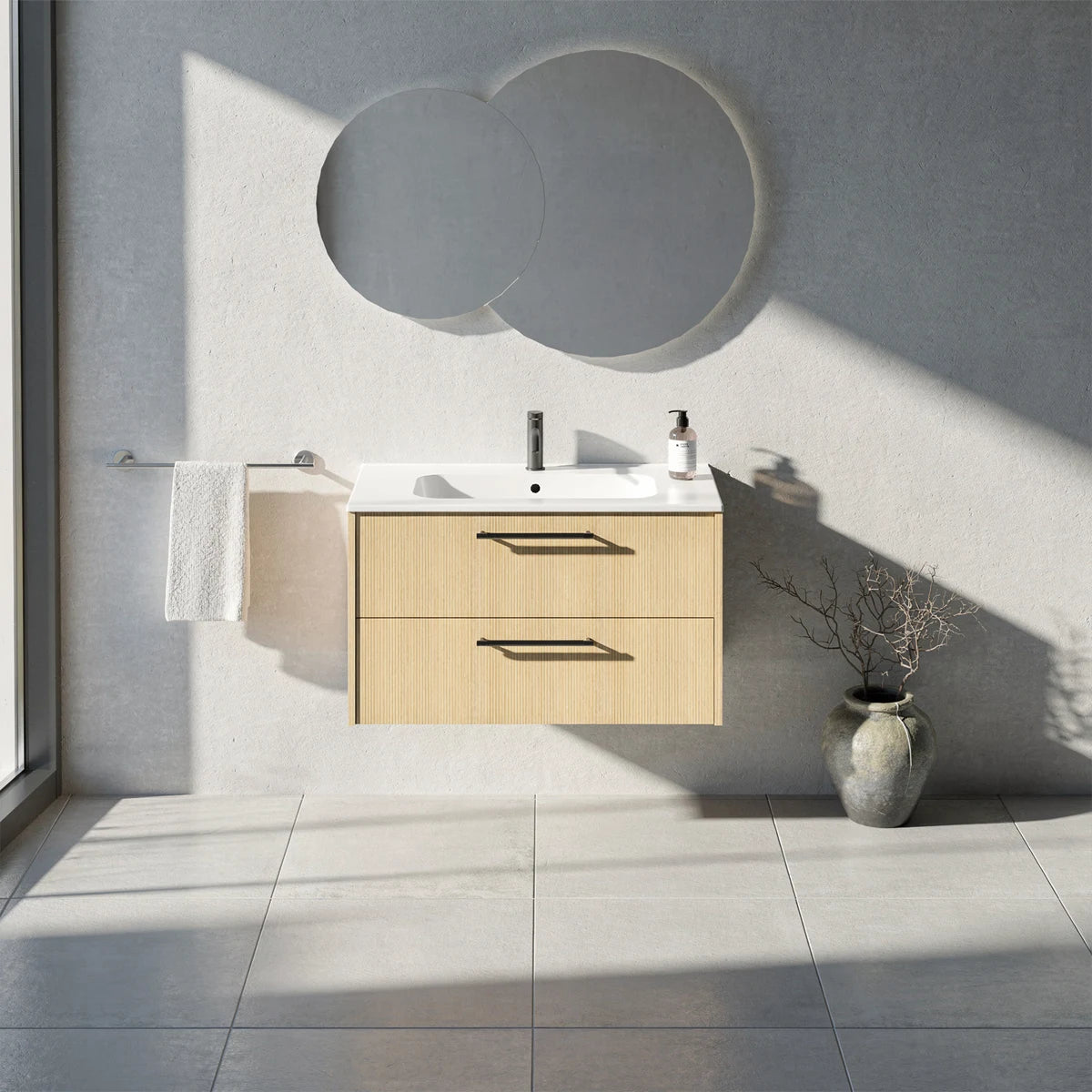 Meuble de salle de bain strié, 90 cm, Chêne doré, SILLAGE