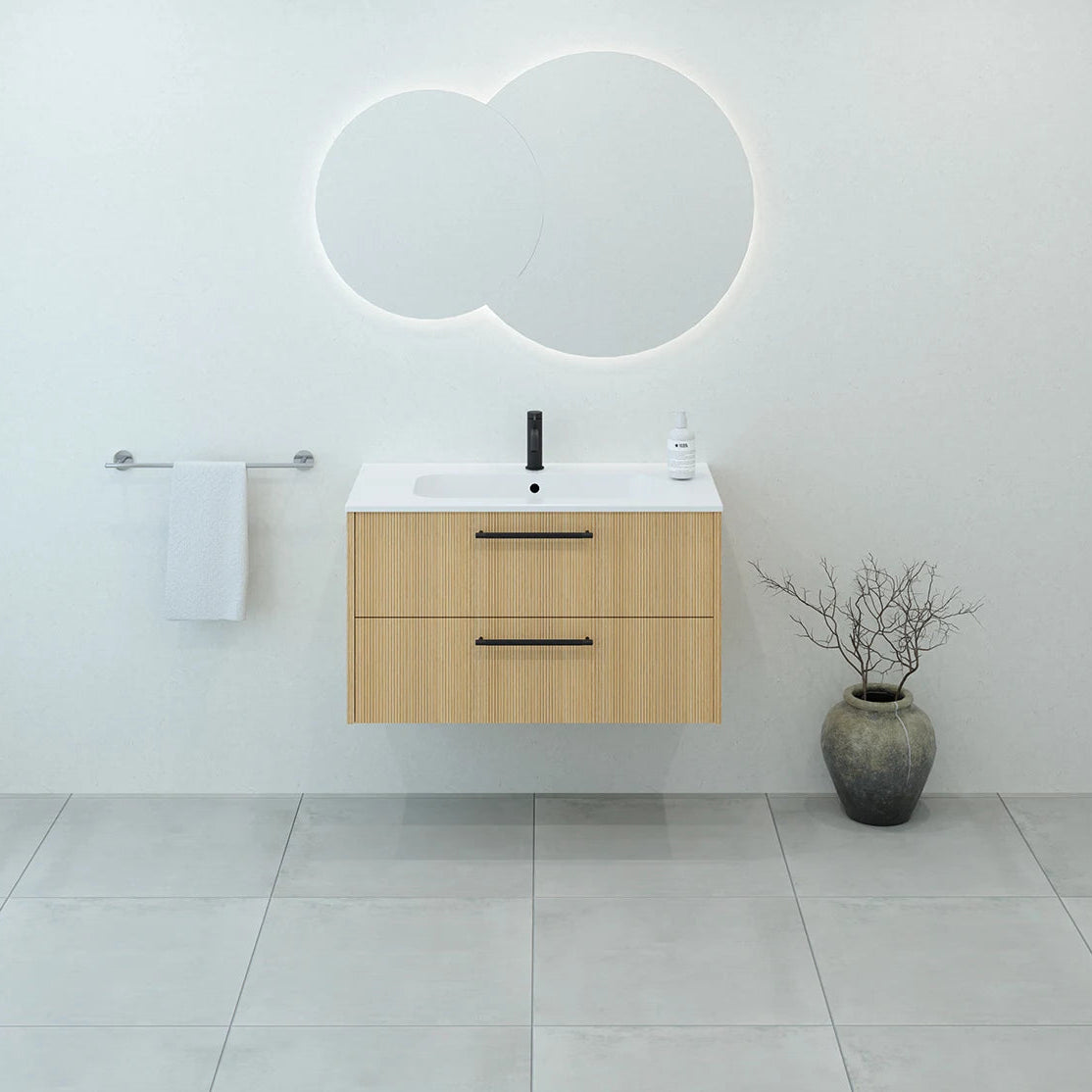 Meuble de salle de bain strié, 90 cm, Chêne doré, SILLAGE