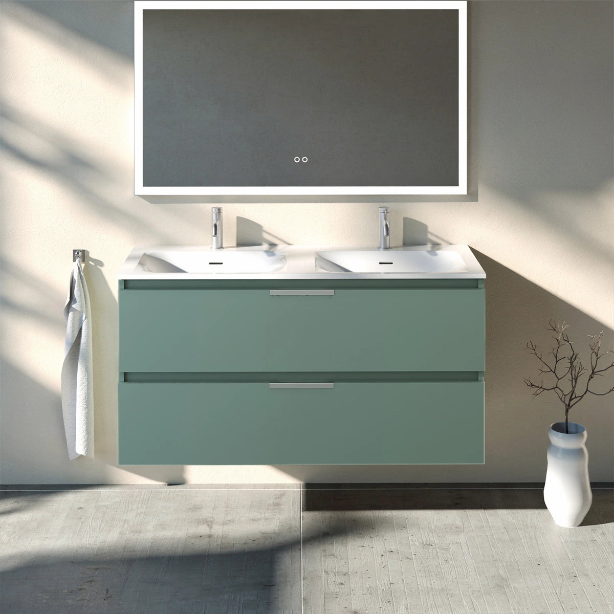 Meuble double vasque salle de bain 120cm, Amande Mat, TEMPO