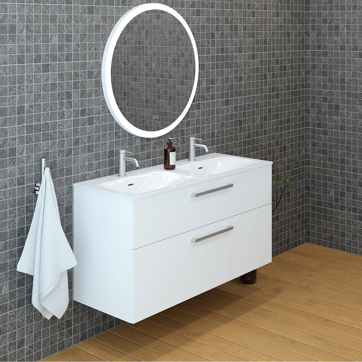 Meuble double vasque salle de bain 120cm, Blanc brillant, ZENO