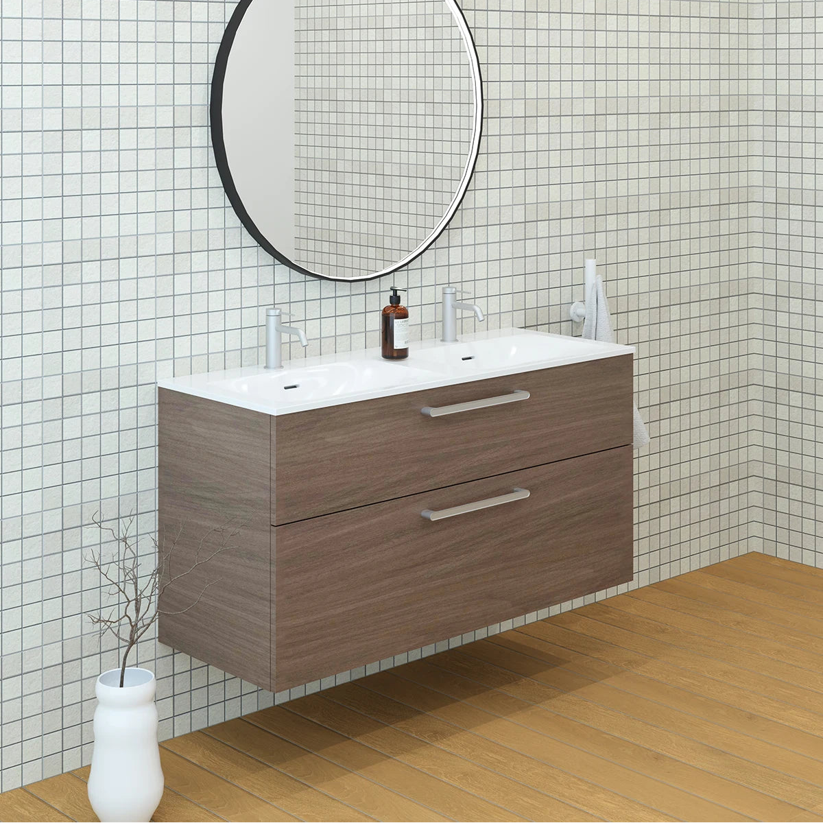Meuble double vasque salle de bain 120cm, Noyer tabac, ZENO