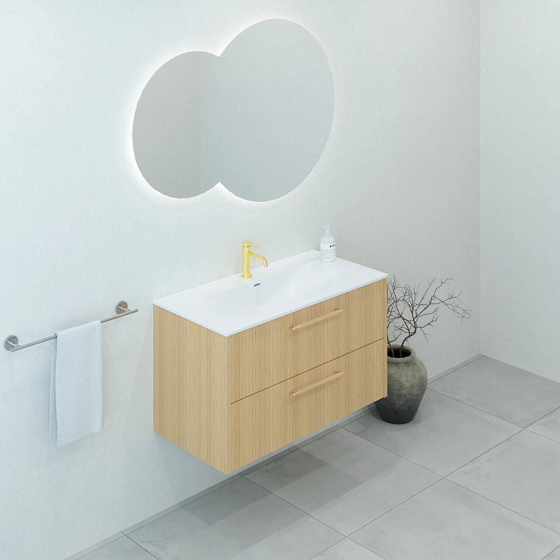 Meuble de salle de bain strié, 90 cm, Chêne doré, SILLAGE