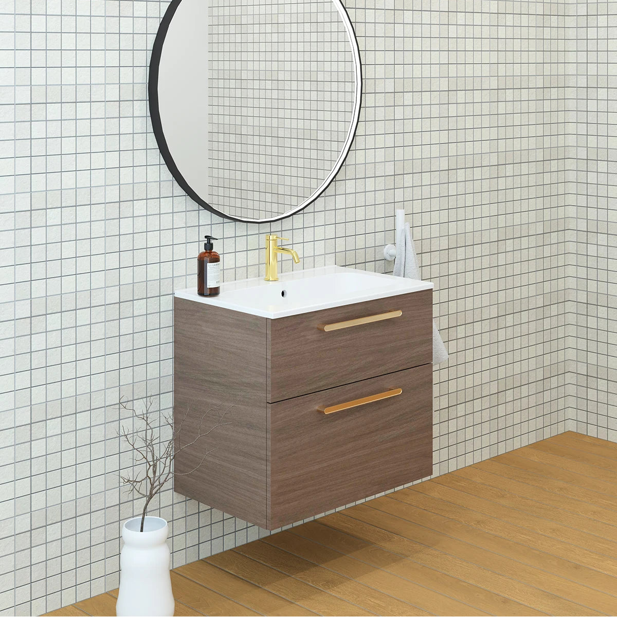 Meuble vasque salle de bain 70cm, Noyer tabac, ZENO
