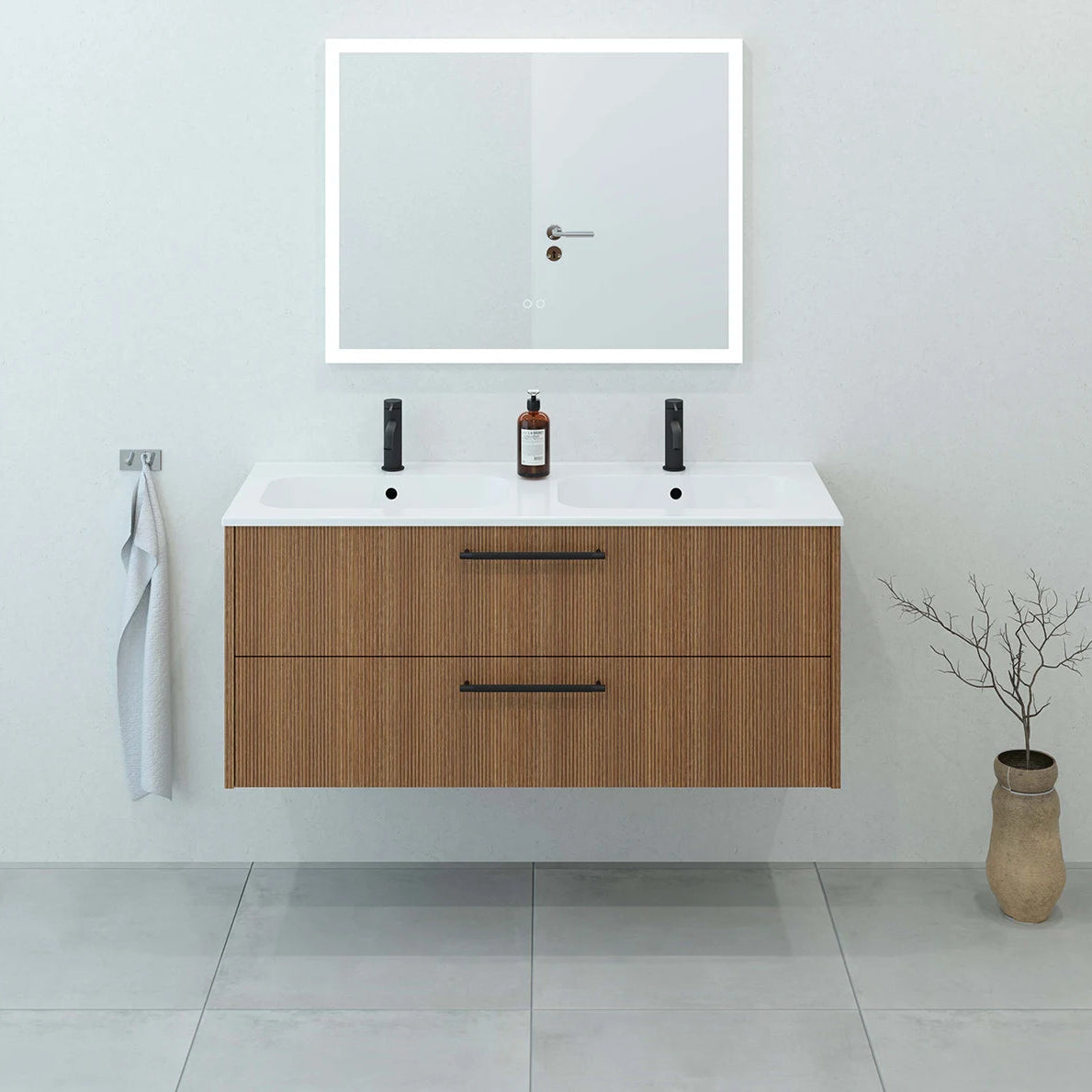 Meuble de salle de bain strié, 120 cm, Chêne noisette, SILLAGE