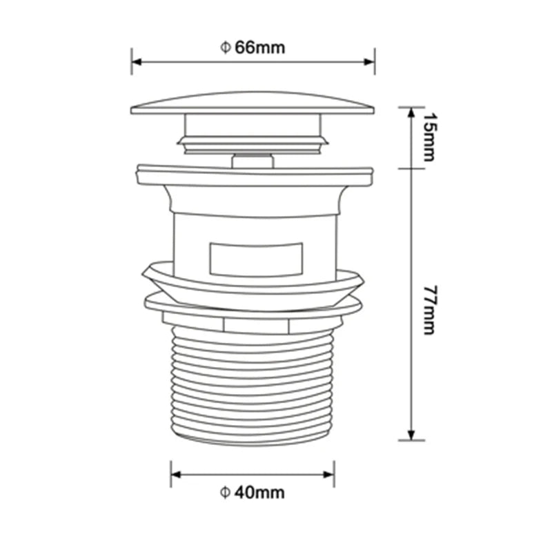Technical drawing of a rose gold brushed pop-up bathroom drain stopper 40mm diameter with detailed measurements.