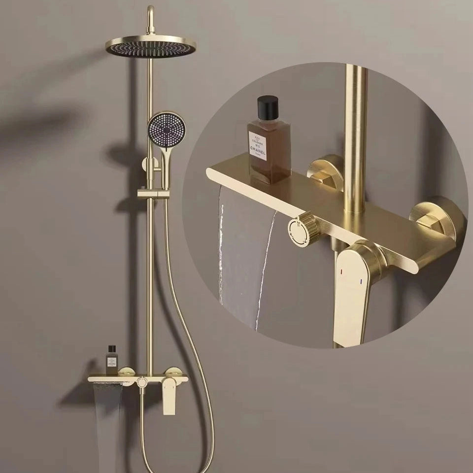 Colonne de douche ou bain douche, avec mitigeur mécanique, 3 voies, or brossé RIVIERAS
